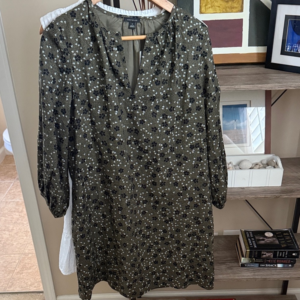 Ann Taylor Olive and Black Floral Long Sleeve Dress